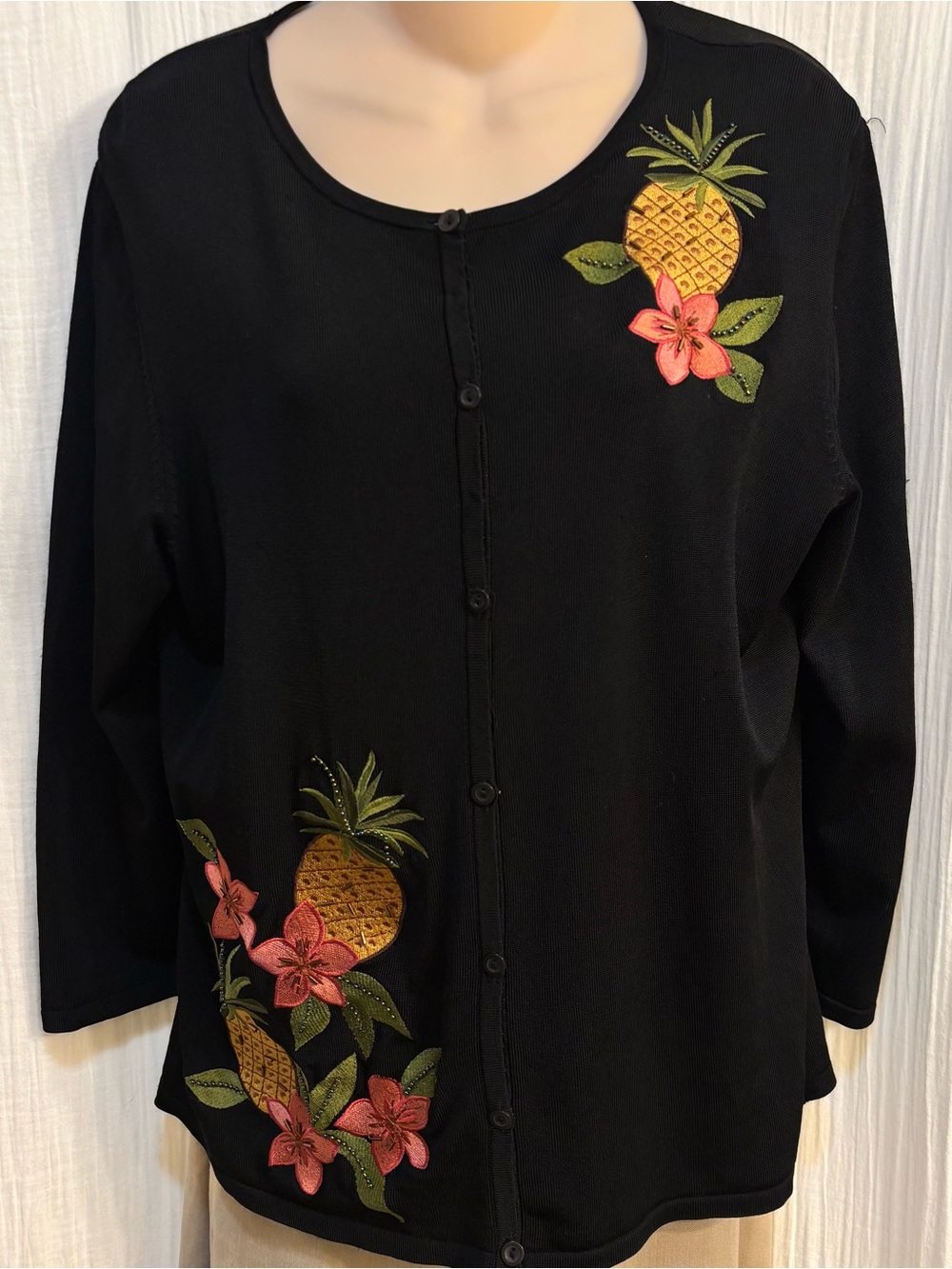 Vintage OUTFIT JPR Black Pineapple Embroidered Cardigan Sweater Size L Tropical